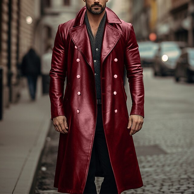 Long Trench Coat Male Double-breasted Leather Jacket