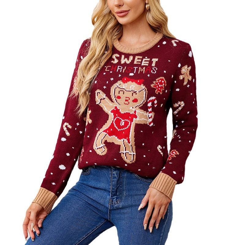Womens Gingerbread Long-Sleeve Casual Christmas Sweater