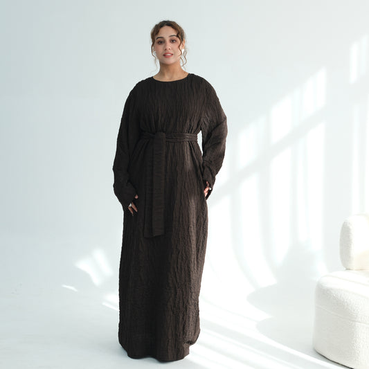 Womens Textured Dress With A Belt, Long Robe Style