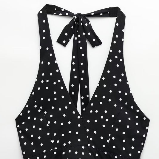 Fashion Casual Slim-fit Polka Dot Halter Tie-back Backless Camisole Top For Women