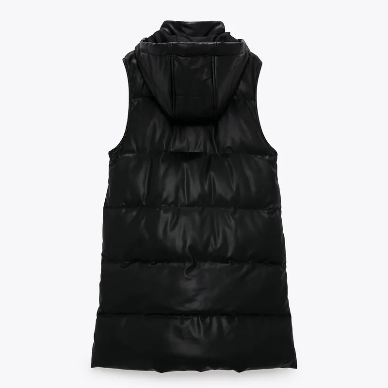 Pure Color Black Hooded Vest Women's Fashion Zipper PU