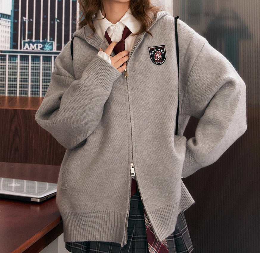 Retro Hooded Double Zipper Knitted Cardigan