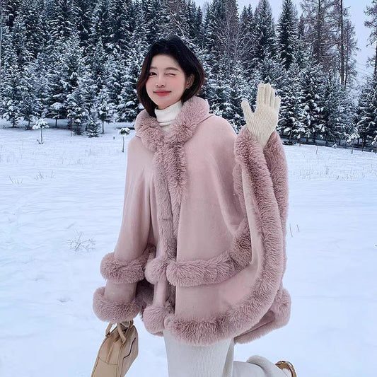 Loose Fur Collar Shawl, Cold-proof Fleece-lined Thick Coat