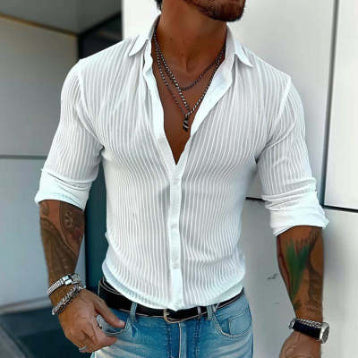 Pure Color All-matching Men's Striped Cardigan Long Sleeve Shirt