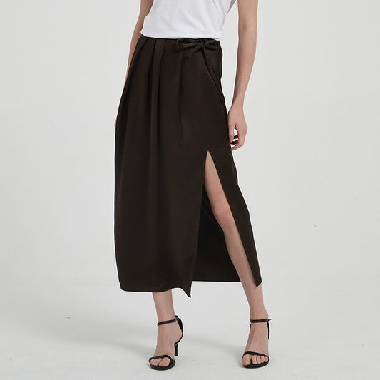 Satin Triacetate Light Draping Rope Floating Pleated Slit Skirt Summer Women's High Waist