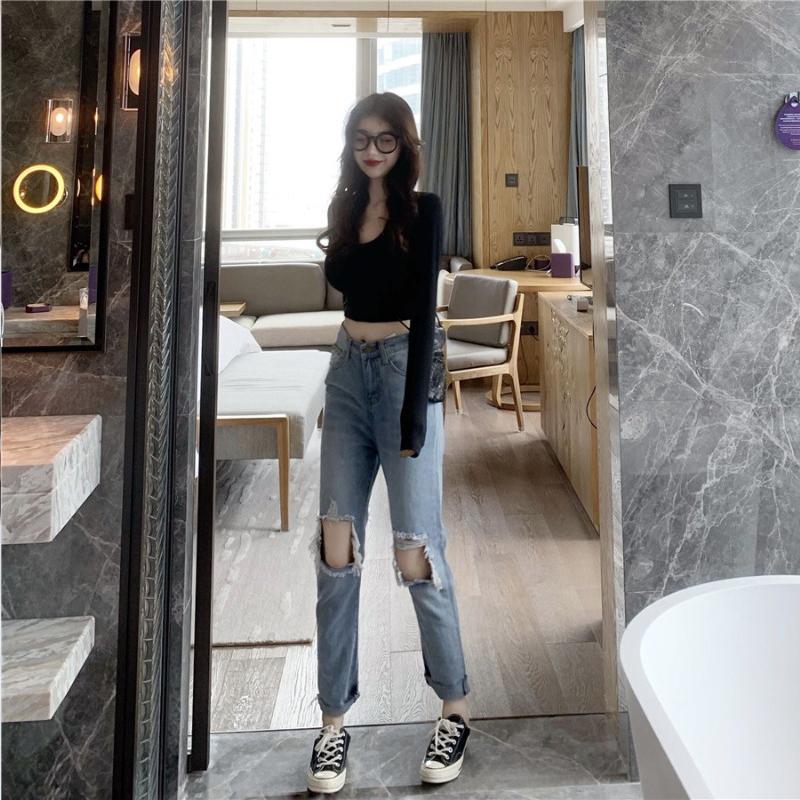 Women's High-waist Hong Kong-style All-match Ripped Jeans