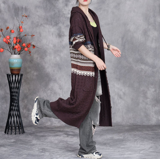 Retro Artistic Knitted Cardigan Woven Flower Long Hooded Overknee Sweater Coat