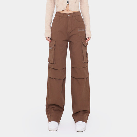 Retro Overalls Solid Color Straight Pleated Paratrooper Pants