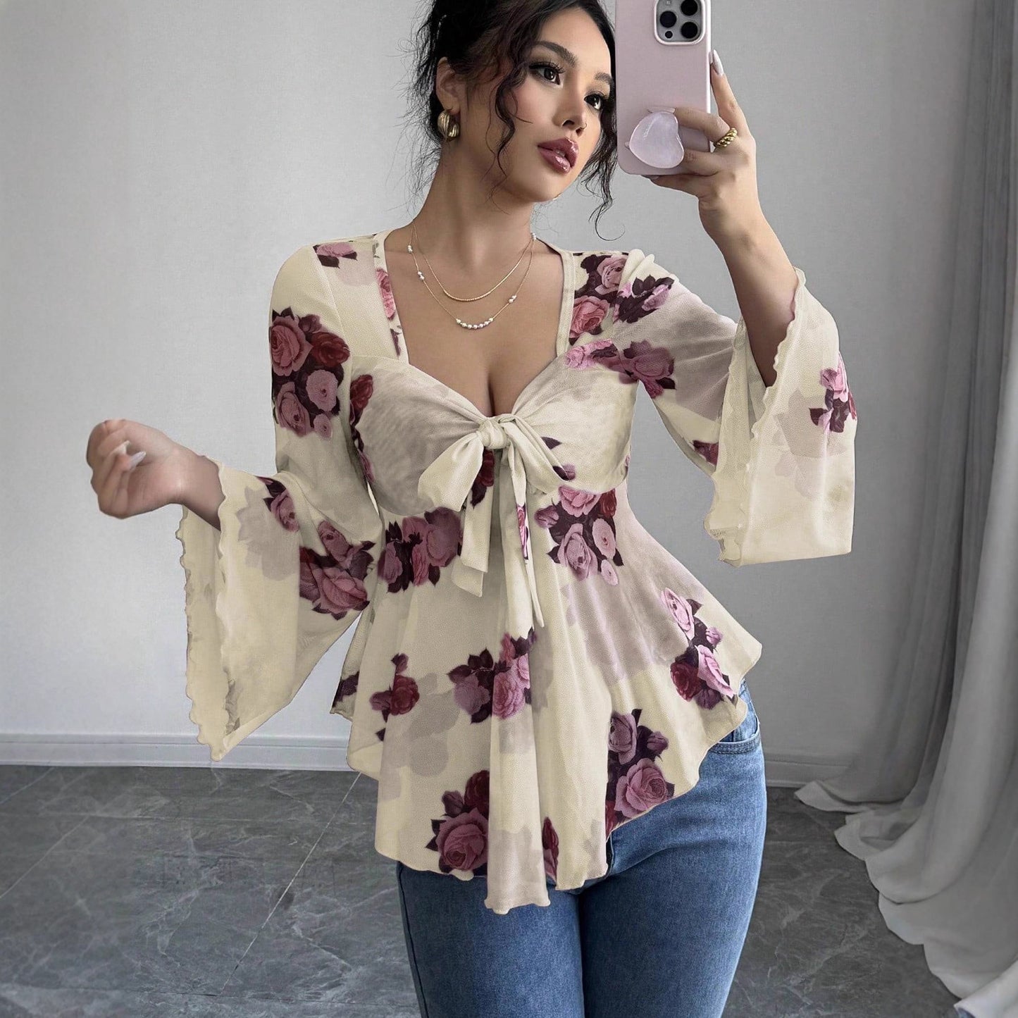 Women's French-style Printed Mesh Elegant Casual Shirt