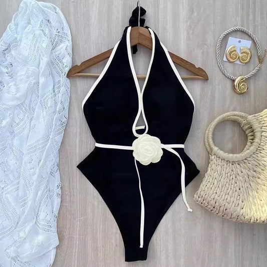 Ensfarvet Halterneck Taljeblonde Blomster Talje Slankende Slank Pasform Ét-stykke Solbeskyttende Kvinders Badedragt