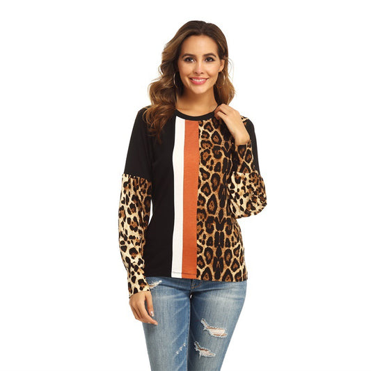 Autumn And Winter Leopard Print Color Contrast Long-sleeved Women's Top