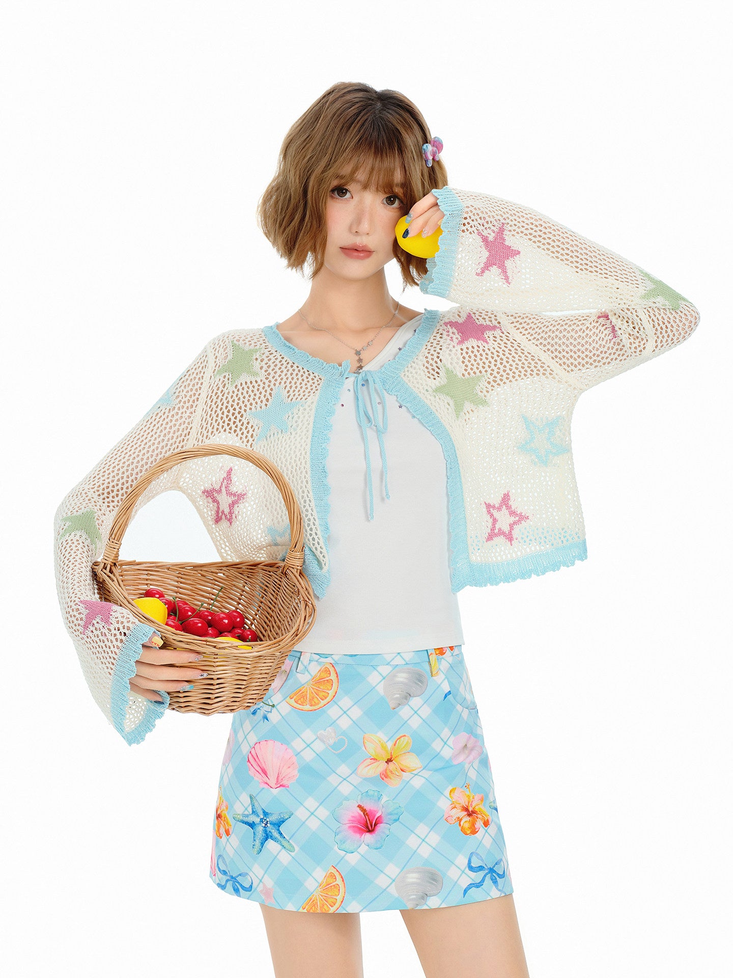 Women's Contrasting Color Floral Hollow-Out Knitted Cardigan