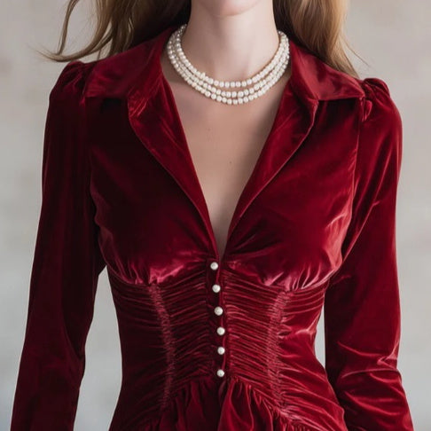 Fashionable And Retro Red Velvet Pleated Long-sleeved Shirt