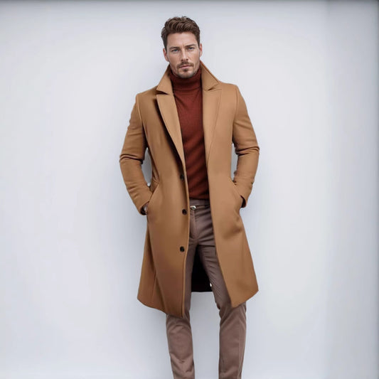 Knee-length Men's Solid Color Business Mid-length Trench Coat