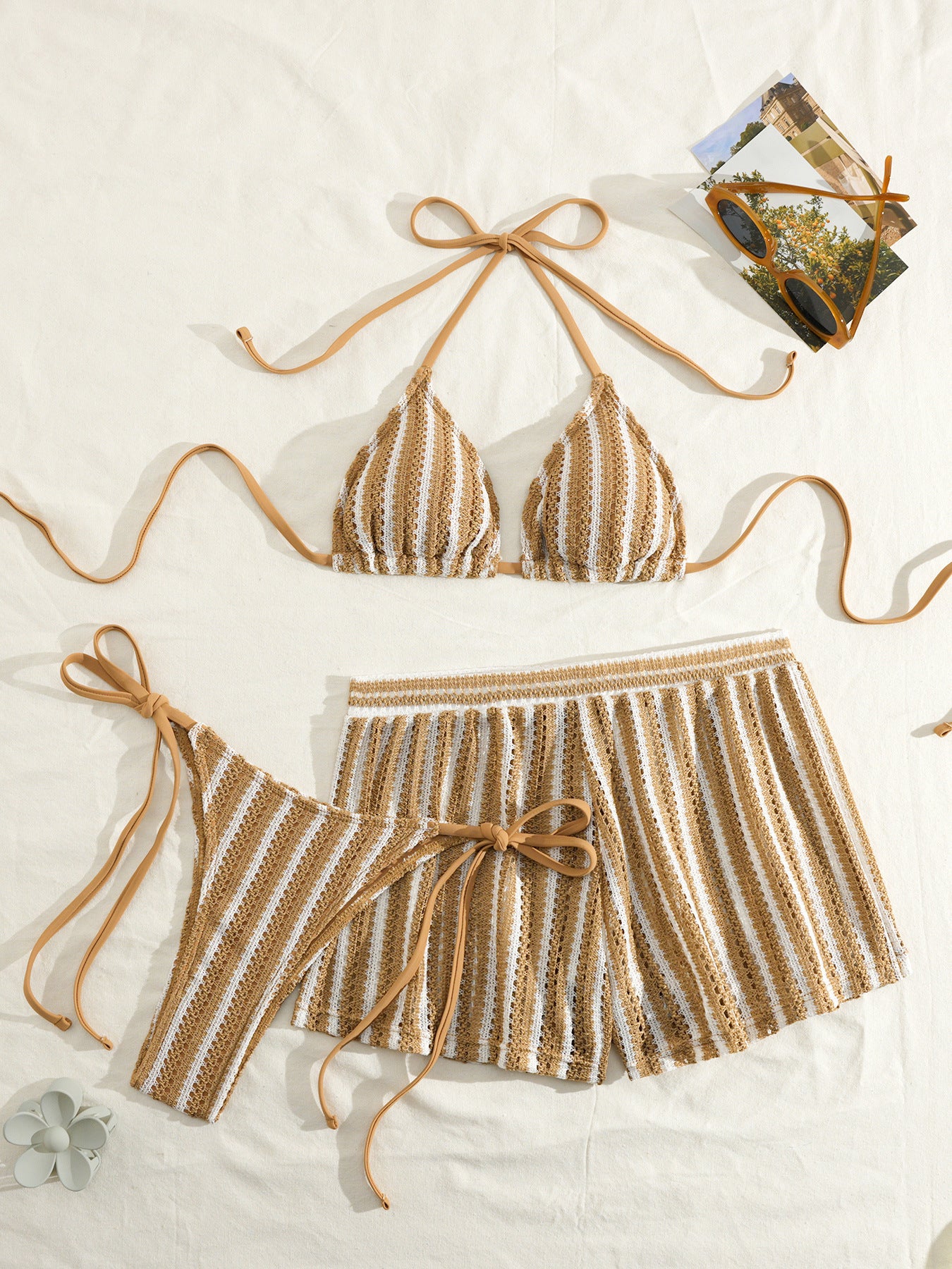 Womens Sexy Woven Bohemian Bikini Three-Piece Set