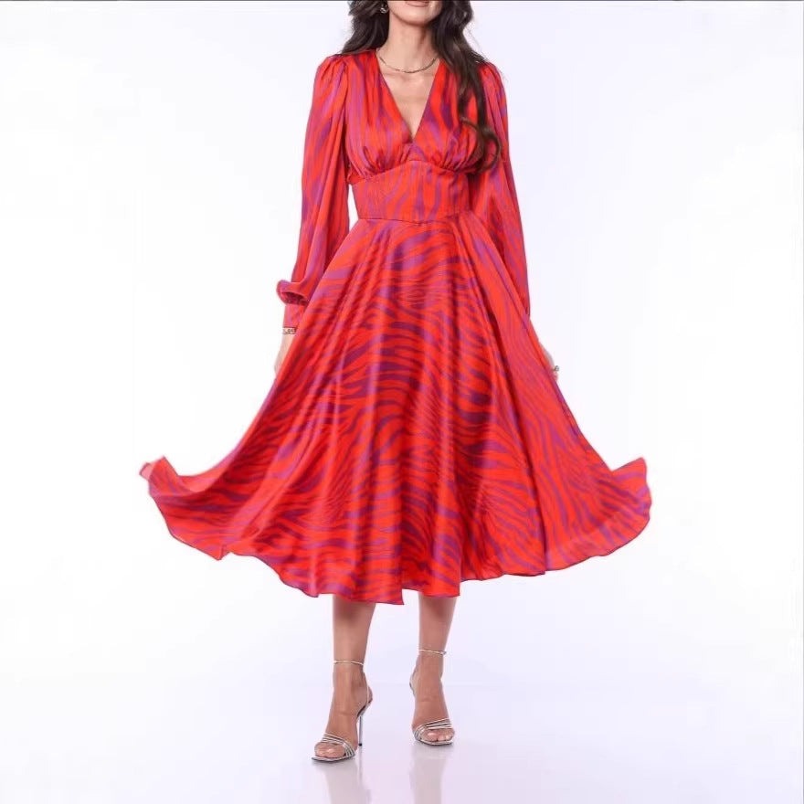 V-neck Long-sleeved Belted Loose-fitting Dress