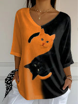 Figursyet T-shirt til kvinder med katteprint