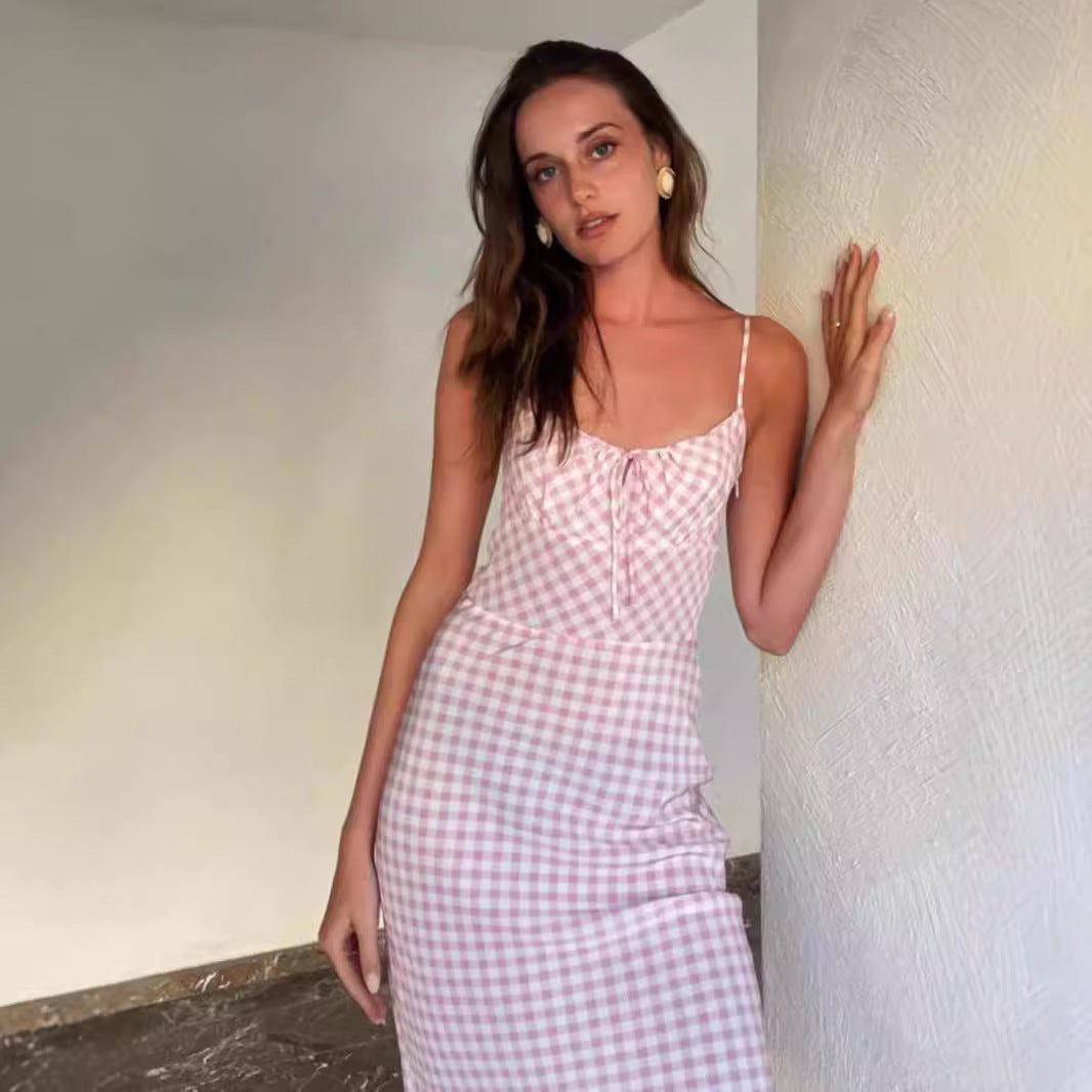 Summer French-Style Gentle Plaid Slip Dress