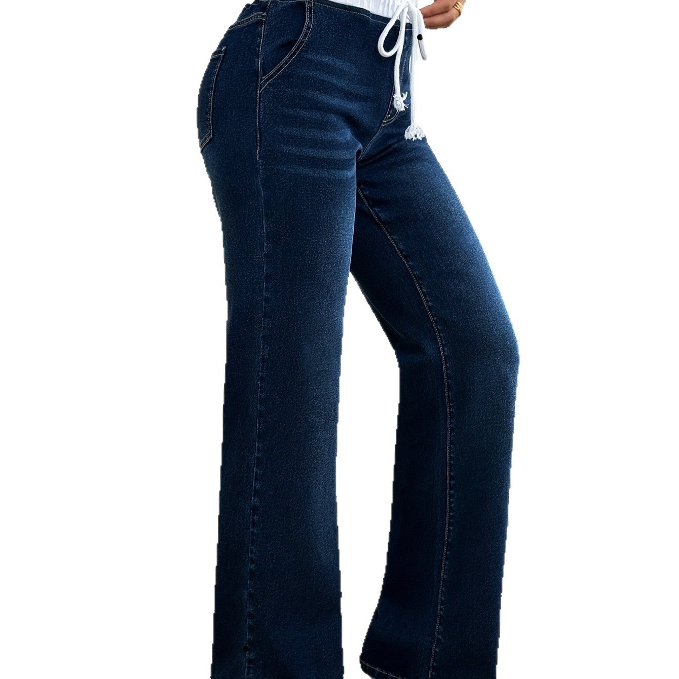 Womens Retro Straight-Leg Pants With Elastic Waist And Drawstring, Medium-Rise High Stretchability