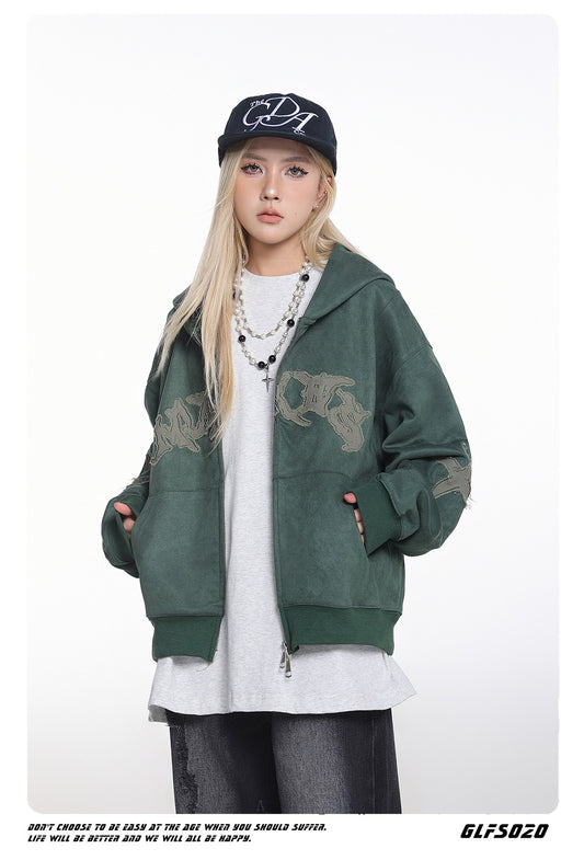 Womens Loose Cropped American-Style Letter Embroidery Patchwork Jacket