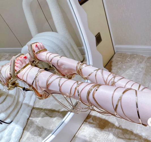 Gold Lace-up Cross Open Toe High Heel Women's Shoes