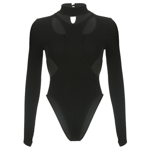 Sexy Cutout Design Stitching Fake Two-piece Stand Collar Thread Slim Solid Color Long Sleeve Base Bodysuit
