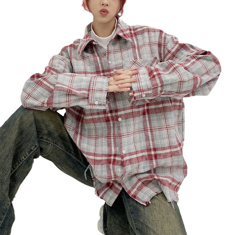 Womens New American Style Retro Brushed Plaid Long Sleeve Shirt