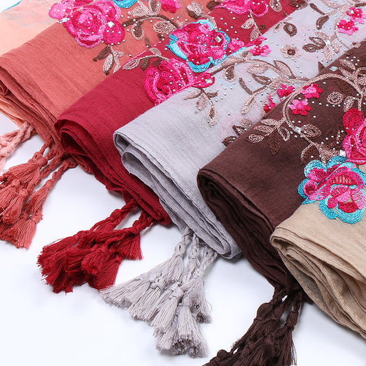 Pure Color Cotton And Linen Embroidered Hot Drilling Fringe Scarf