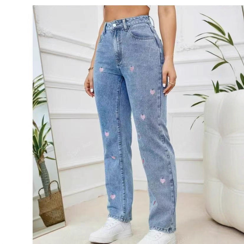 Embroidered Straight-Leg Loose-Fit Stretch Womens Denim Trousers Affectionate