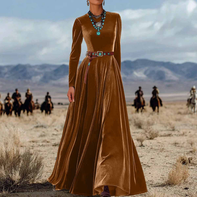 Elegant efterårsvinter langærmet kjole i fløjl med western-stil