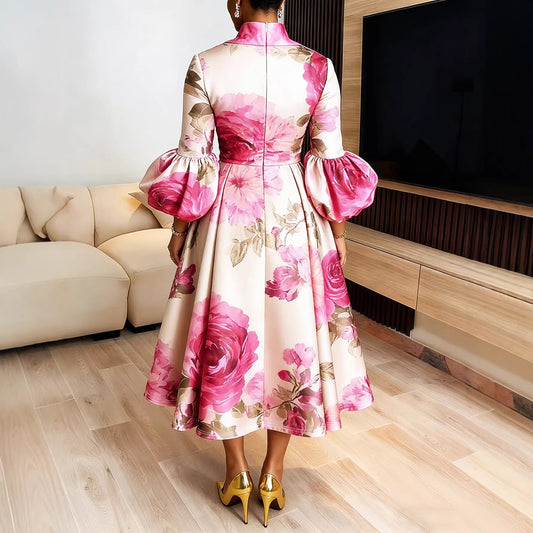 Elegant Printed Stand Collar Lantern Sleeve Waist-Cinching Dress