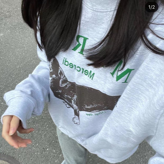 Dachshund Letter Print Crew Neck Loose Top