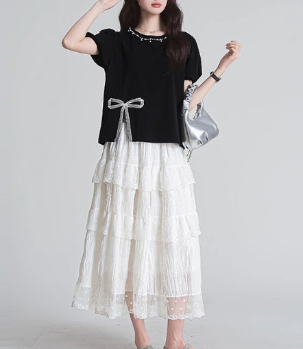 Round Neck Design Bow Beaded Short Top