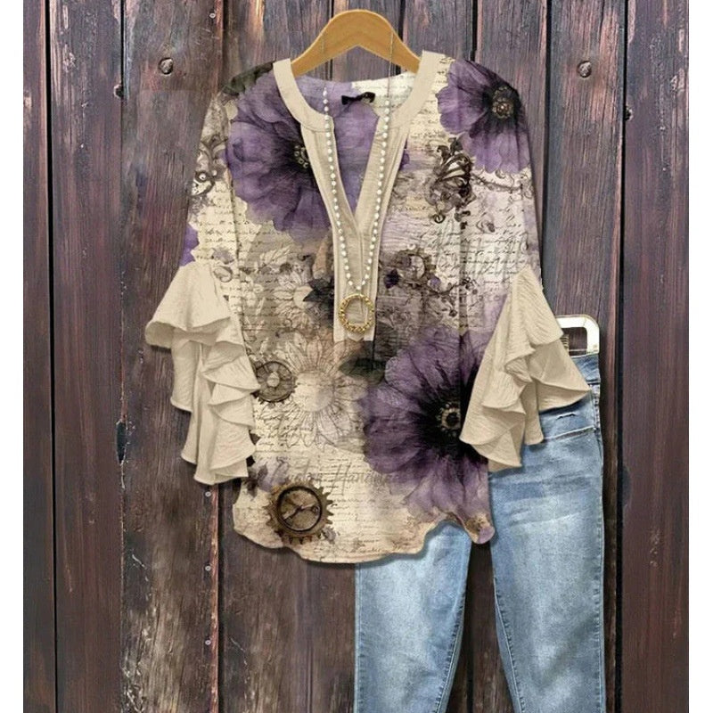 Women's Creative Printing Casual V-neck Lotus Sleeve T-shirt
