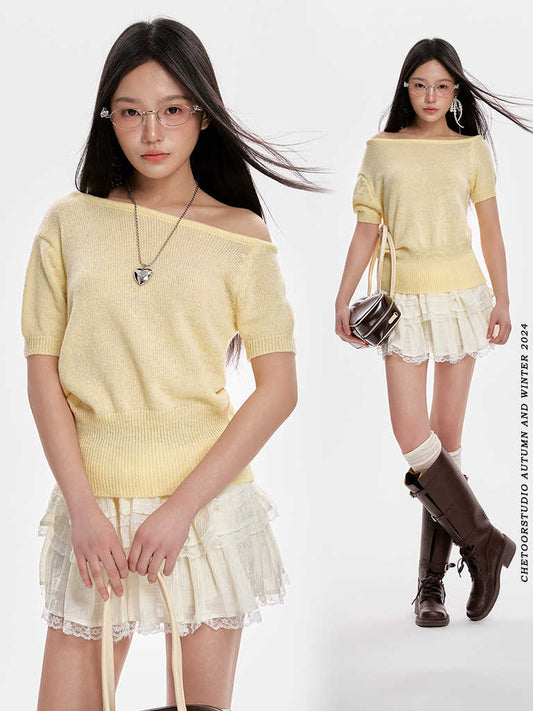 Women's Short-sleeved Knitted Off-shoulder T-shirt
