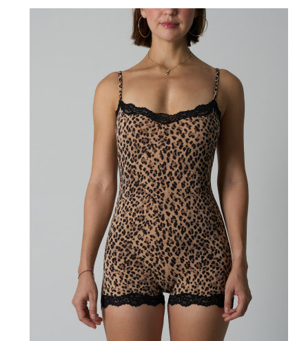 Womens Leopard-Print Lace Camisole Knit Jumpsuit With Flat Crotch