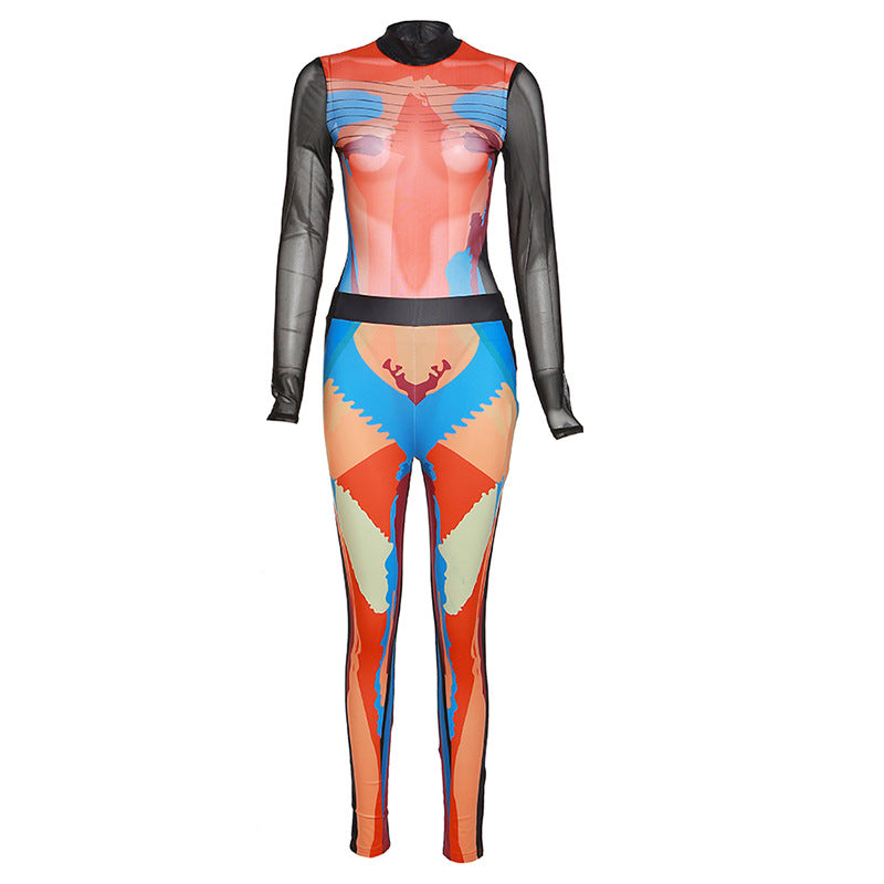 Women's Fashion Printing Slim Long-sleeved Tight Pants Set