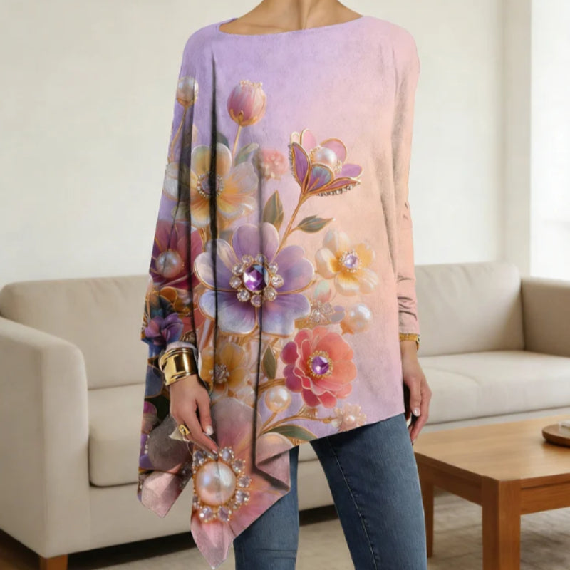 Pastel Gradient Jeweled Floral Print Long Sleeve Asymmetric Hem Loose Top