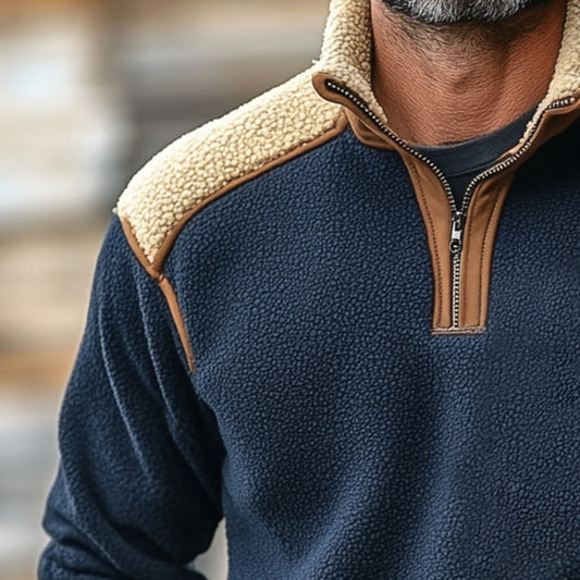 Color Stitching Stand-collar Lambswool Zipper Sweater