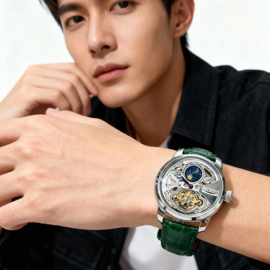 Mens Openwork Moon Phase Tourbillon Automatic Mechanical Watch