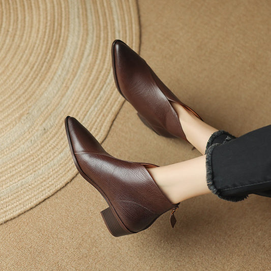 Women's Pointed-toe Retro Cowhide Ankle Boots