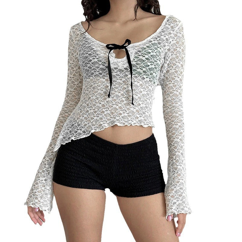 Womens Lace Bow-Knot Crew-Neck Long-Sleeve T-Shirt