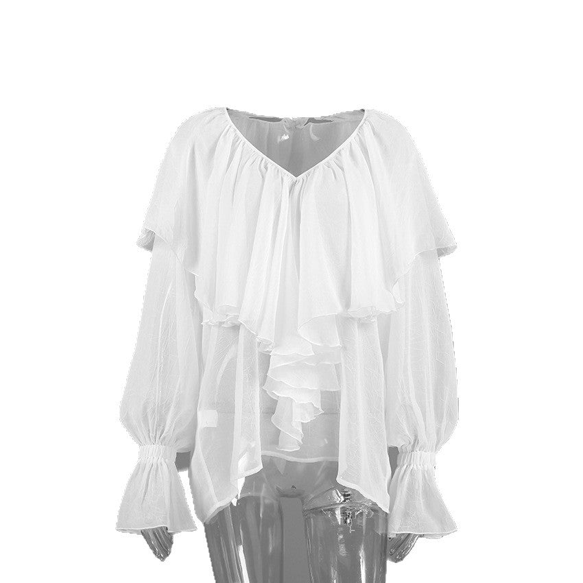 Womens Versatile White Chiffon Blouse With Long Sleeves