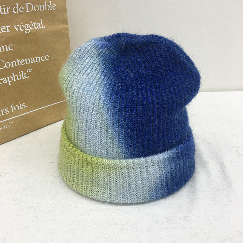Tie Dyed Rabbit Hair Knitted Wool Hat Female