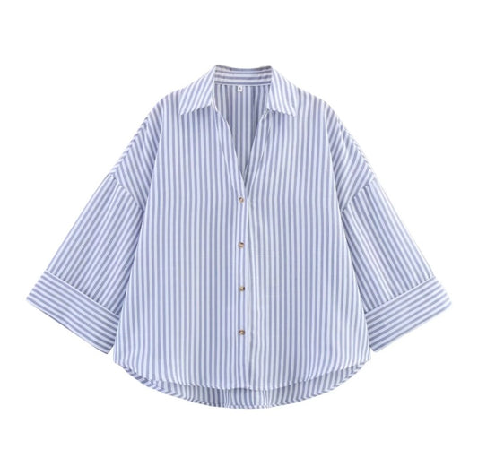 Casual All-matching Lapel Striped Wide Sleeve Shirt