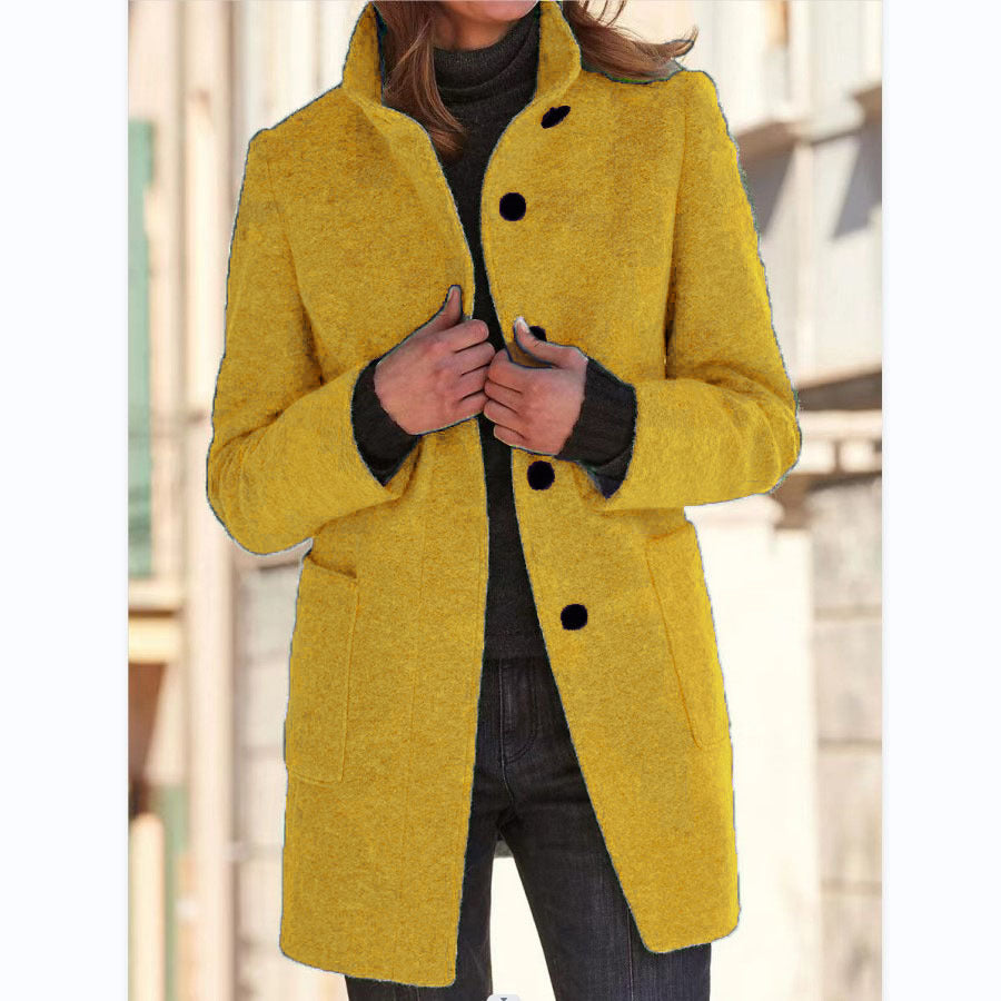 New Retro Solid Color Buttoned Turtleneck Wool Coat