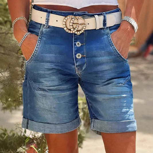 Womens High-Waist Denim Cropped Pants With Elastic Waist And Rolled Hem