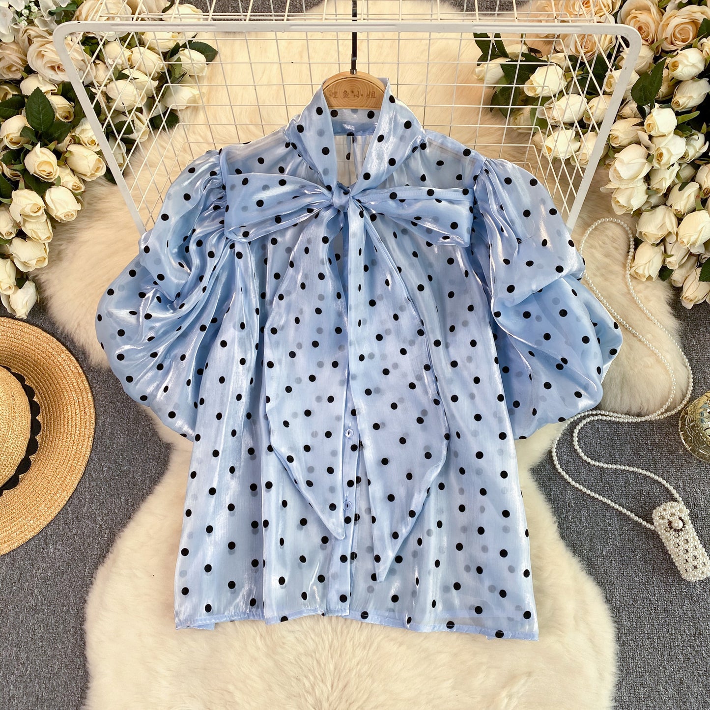 French Style Retro Dots Shirt Female Sweet Bow Collar