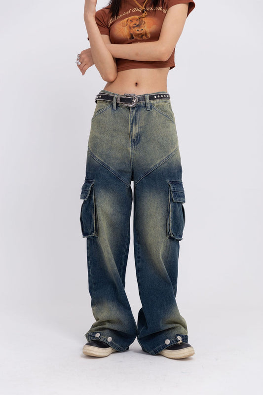 Unisex Street Fashion Loose Wash Workwear Denim Trousers