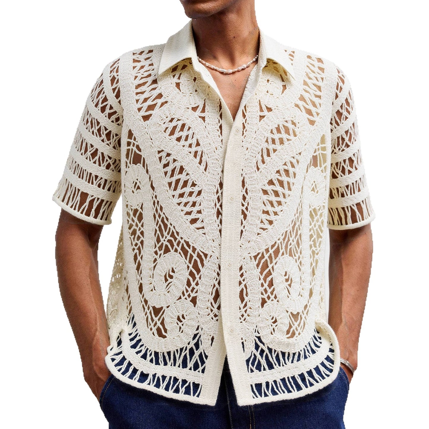 Men's Hollow Sweater Short Sleeved Crochet Cardigan Polo Shirt